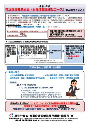 厚生労働省リーフレット両立支援等助成金 女性活躍加速化コース