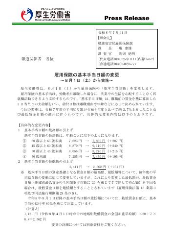 【厚生労働省プレスリリース】雇用保険の基本手当日額の変更